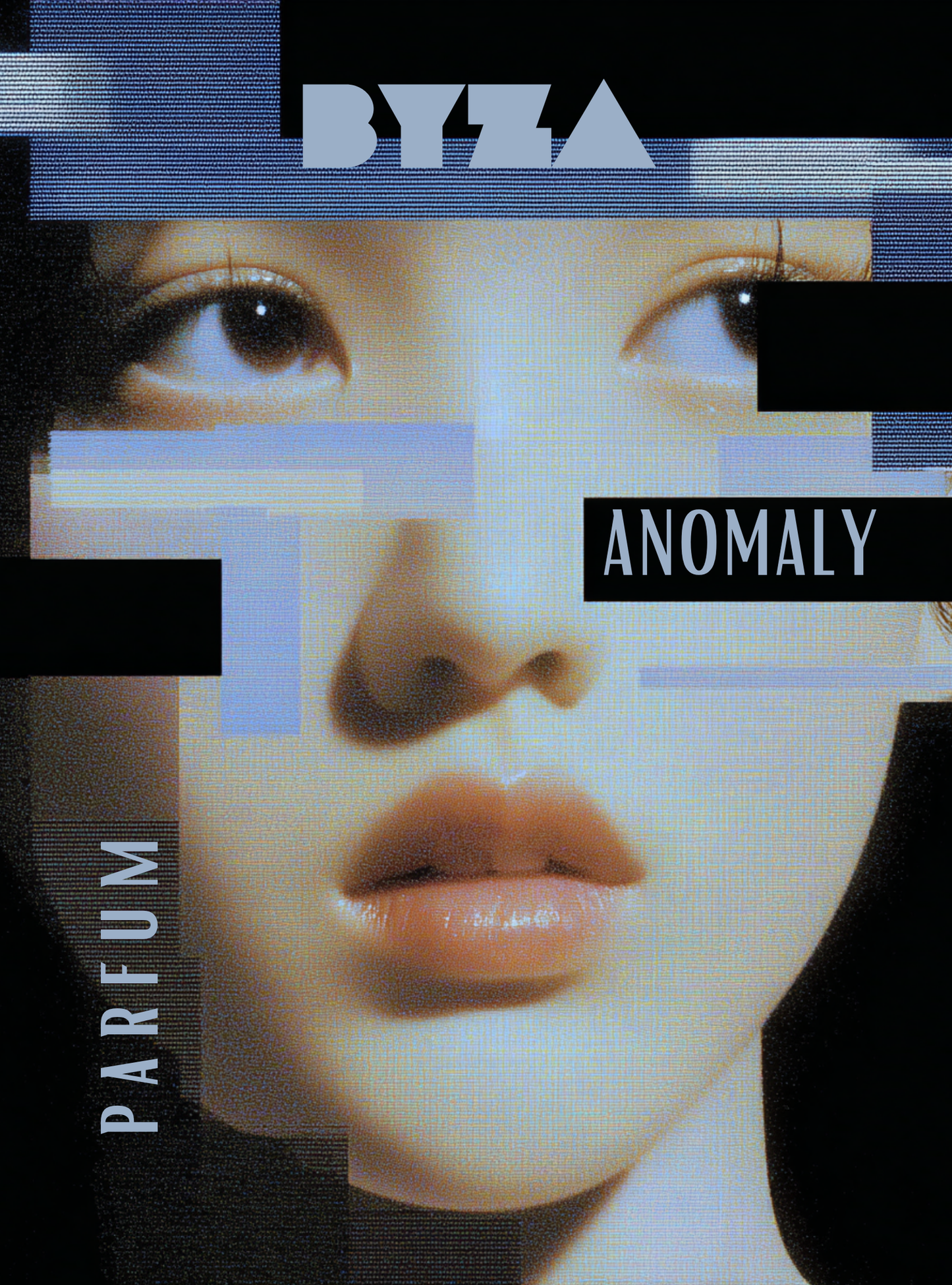 Advertisement for BYZA Parfum Anomaly with a close-up of a person's face.