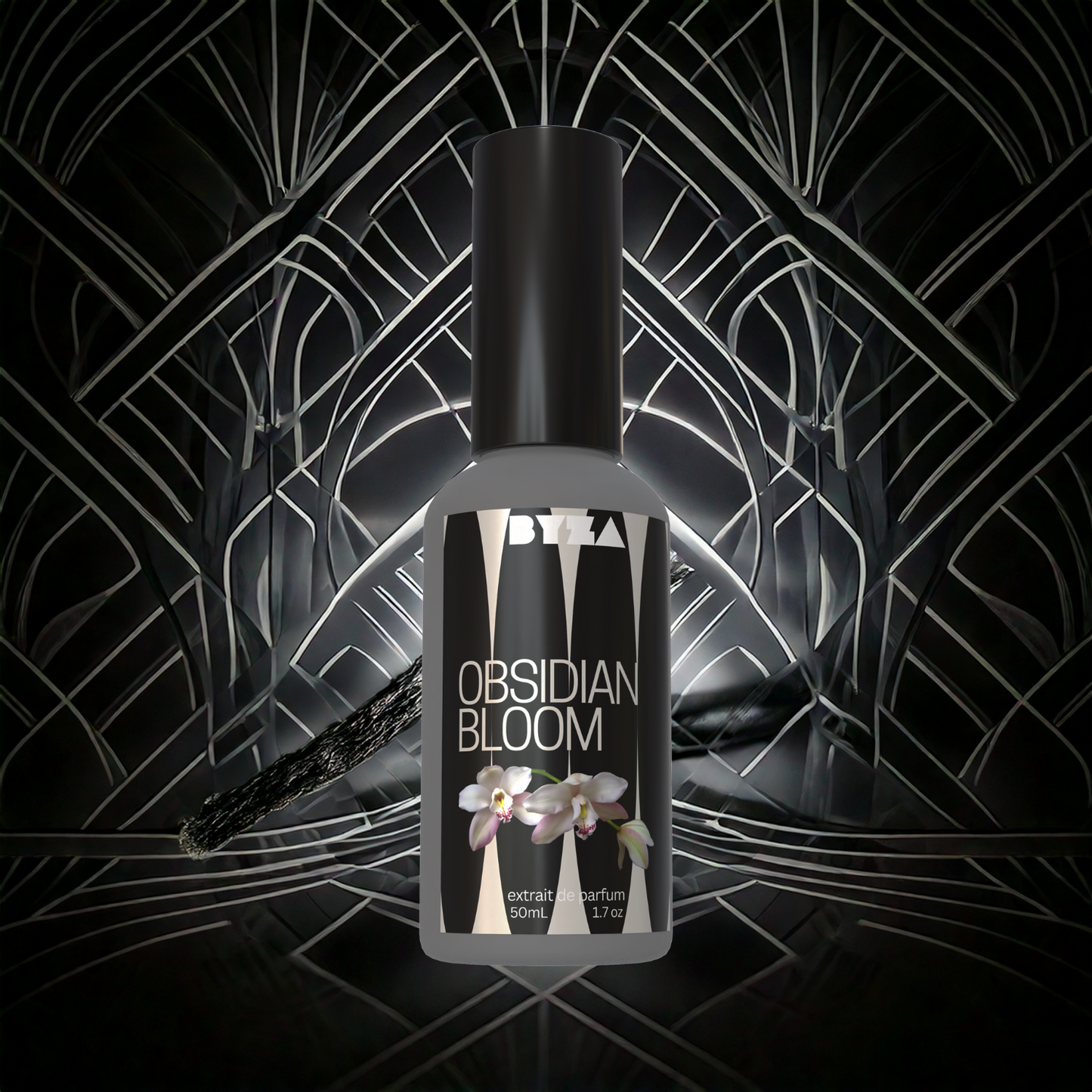 A bottle of Obsidian Bloom perfume with a graphic design in the background, predominantly black and white.