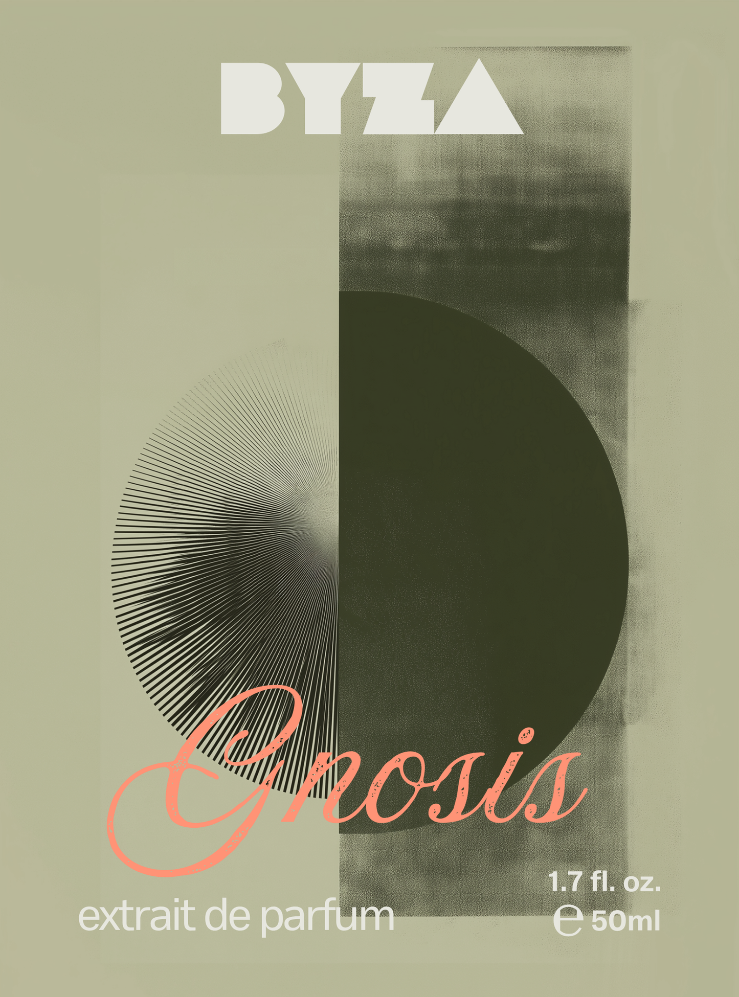 A perfume packaging label for BYZA Extrait de Parfum, named 'Gnosis'. The design features a muted olive-green background with a vertical split graphic: the left side shows a circular pattern of fine radiating lines, and the right side is a dark olive-green solid circle.