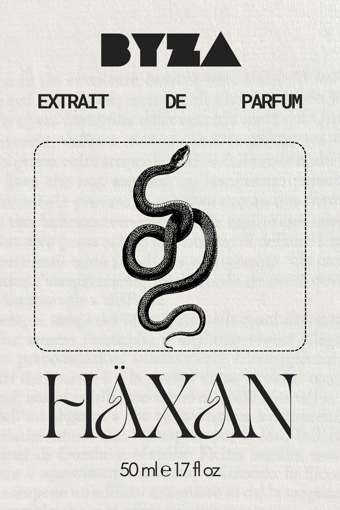 BYZA Haxan perfume label, fragrance inspired by Gucci The Voice of the Snake