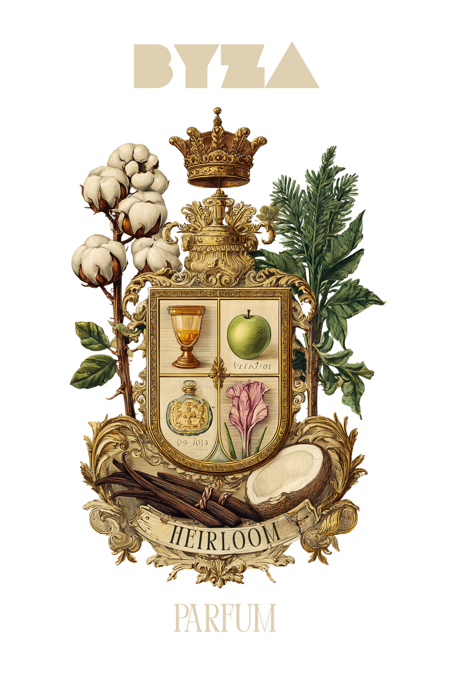 BYZA Heirloom perfume label, fragrance inspired by Mind Games Queening
