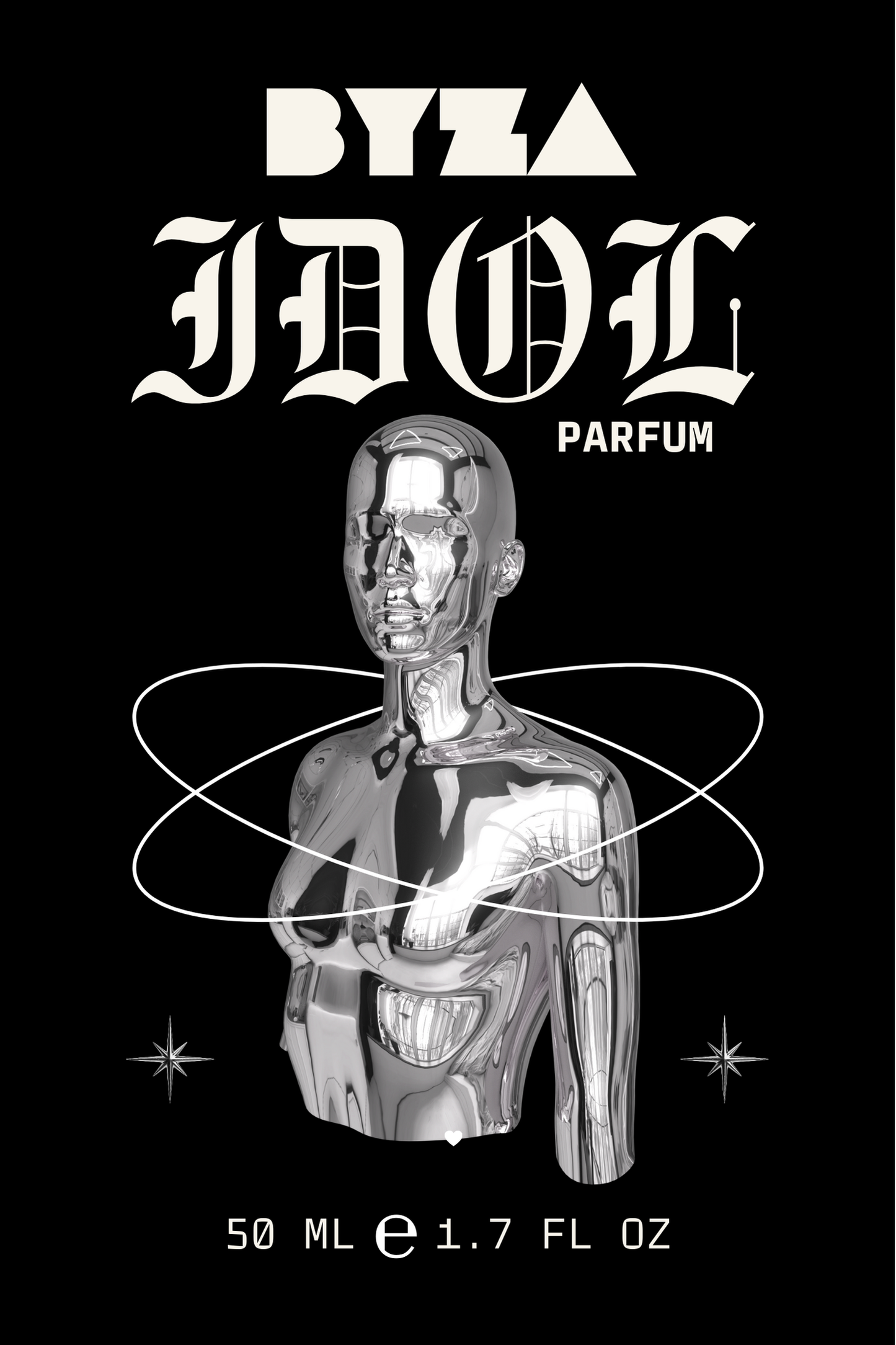 BYZA Idol perfume label, fragrance inspired by Caron Musc Oli