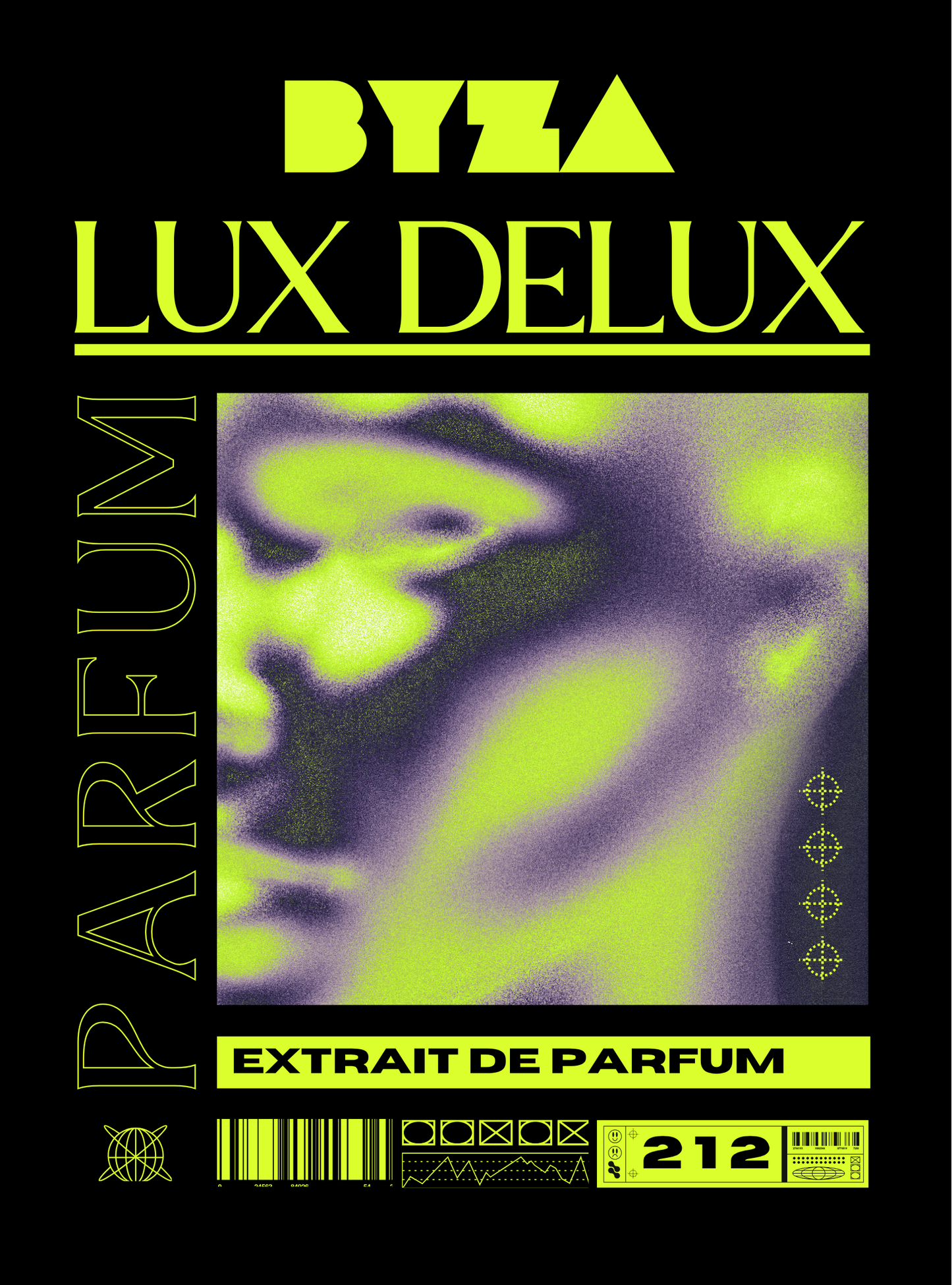 LUX DELUX perfume label design featuring a black background with neon yellow-green text and a central abstract purple and yellow-green graphic.