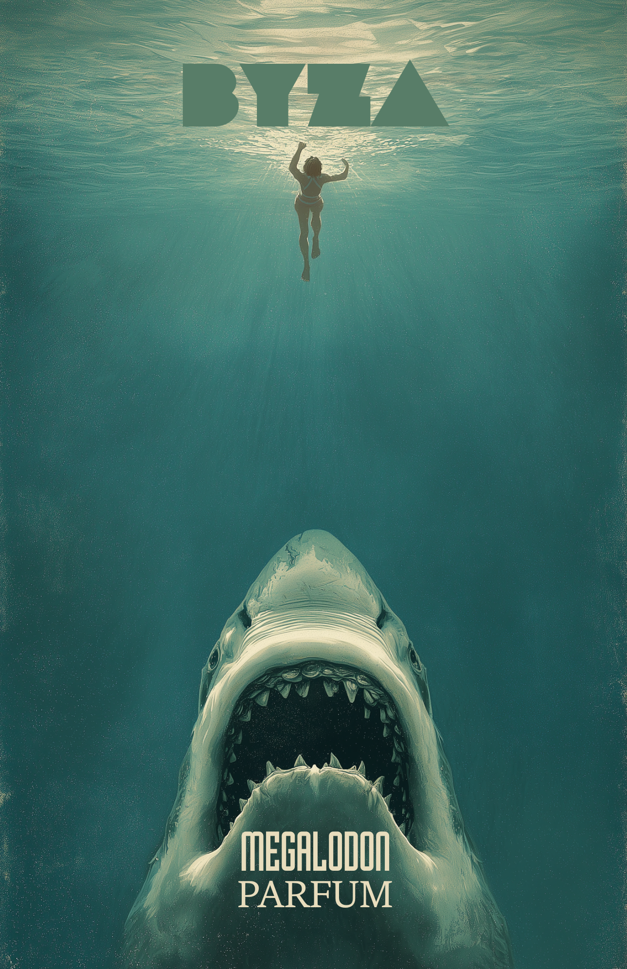 BYZA Megalodon perfume label, fragrance inspired by Orto Parisi Megamare Top