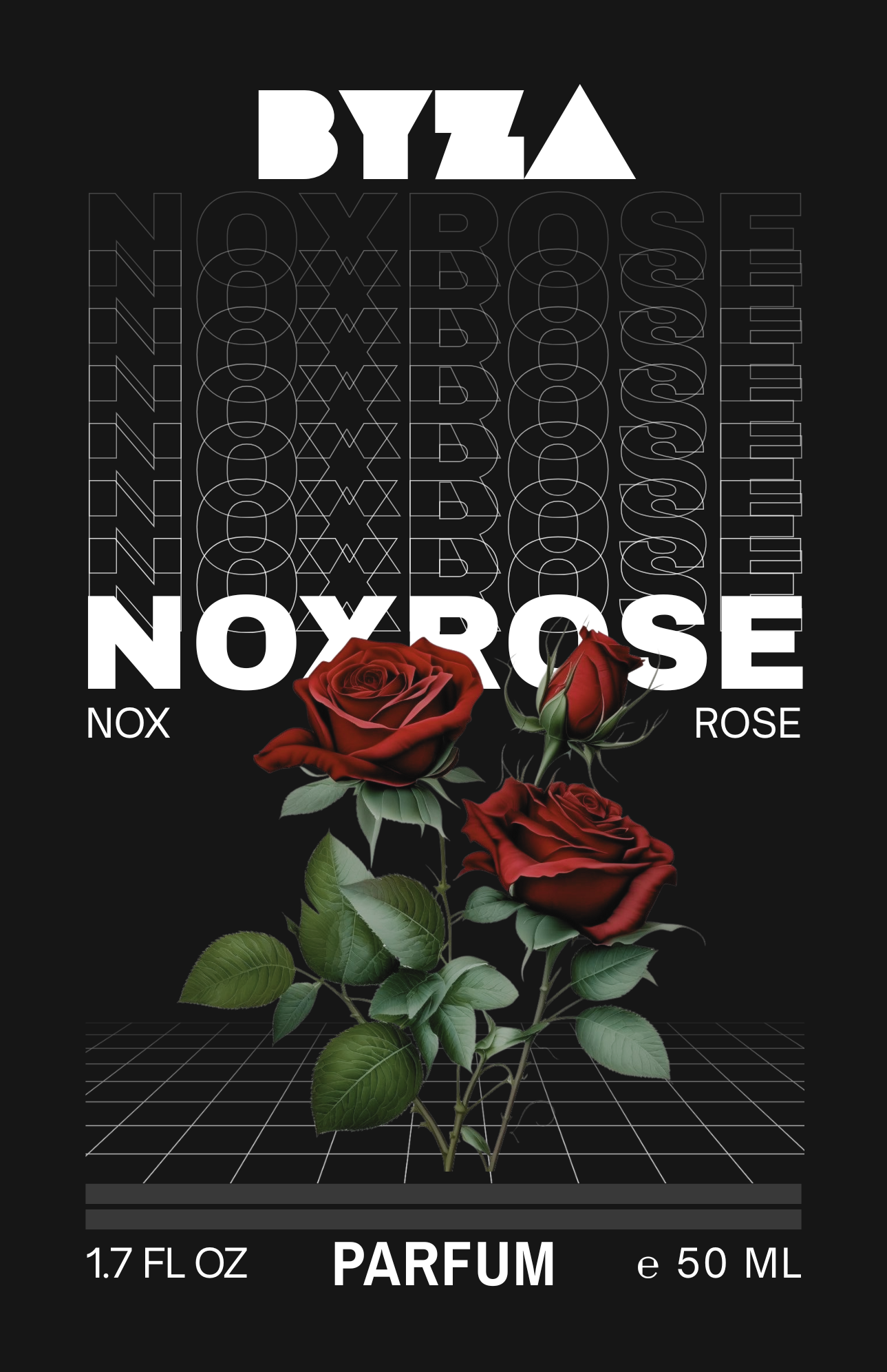 BYZA Noxrose perfume label, fragrance inspired by LV Matiere Noir