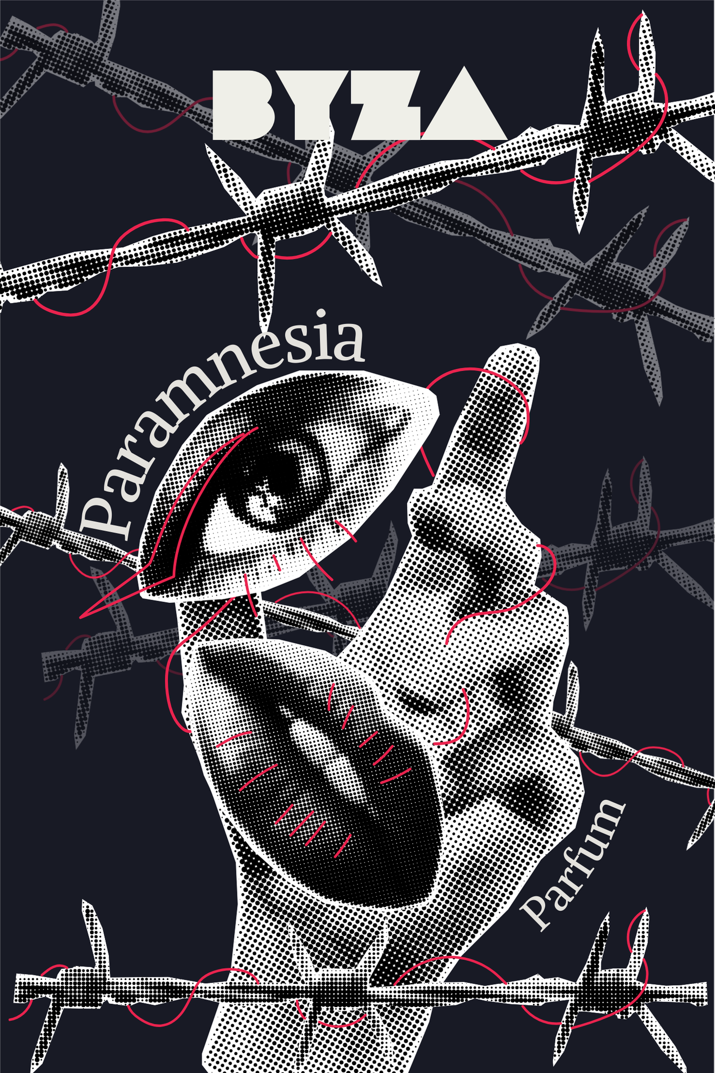 BYZA Paramnesia perfume label, fragrance inspired by Ysl Black Opium Glitter