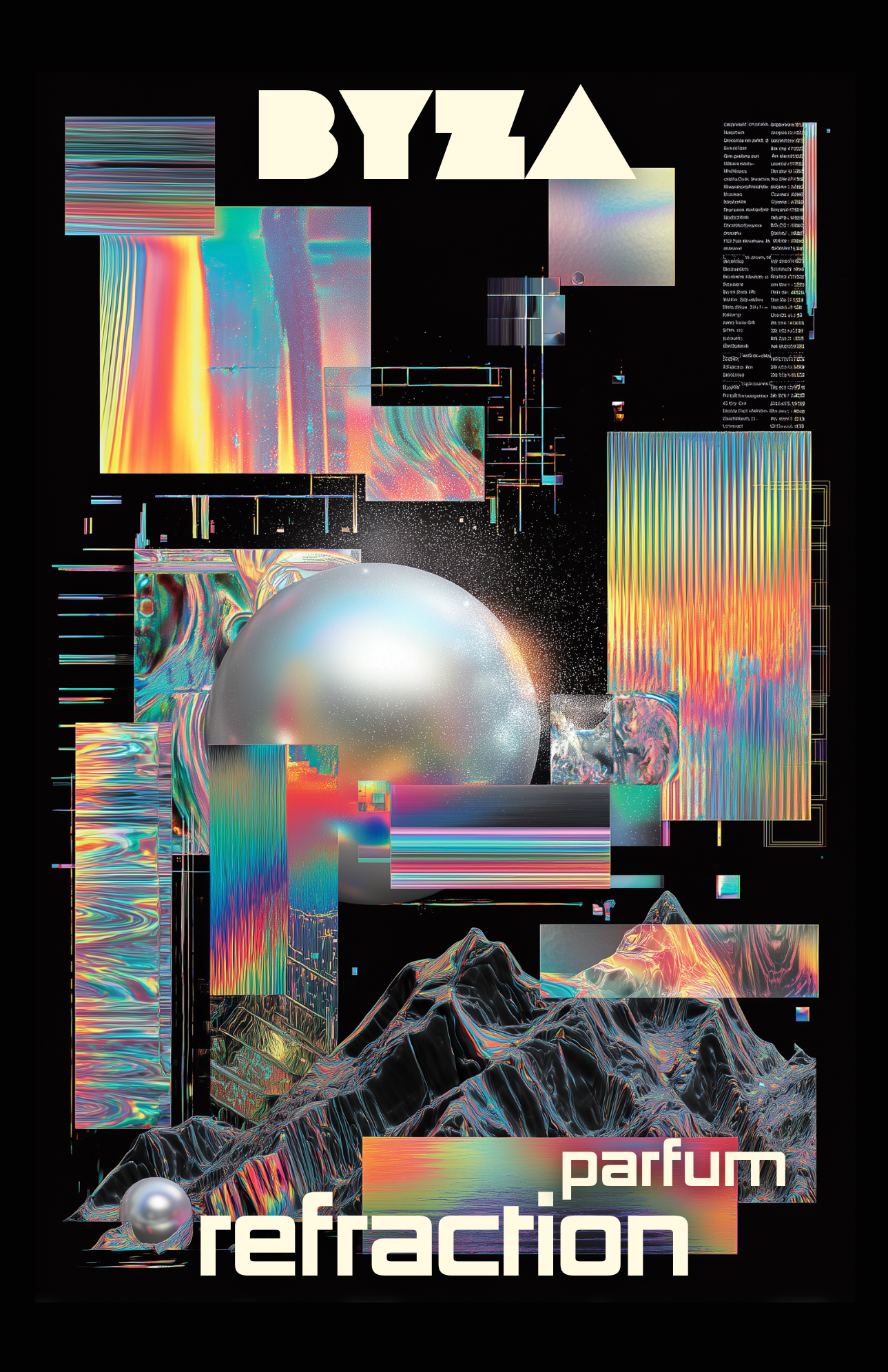 BYZA Refraction perfume label, fragrance inspired by Mind Games Blockade