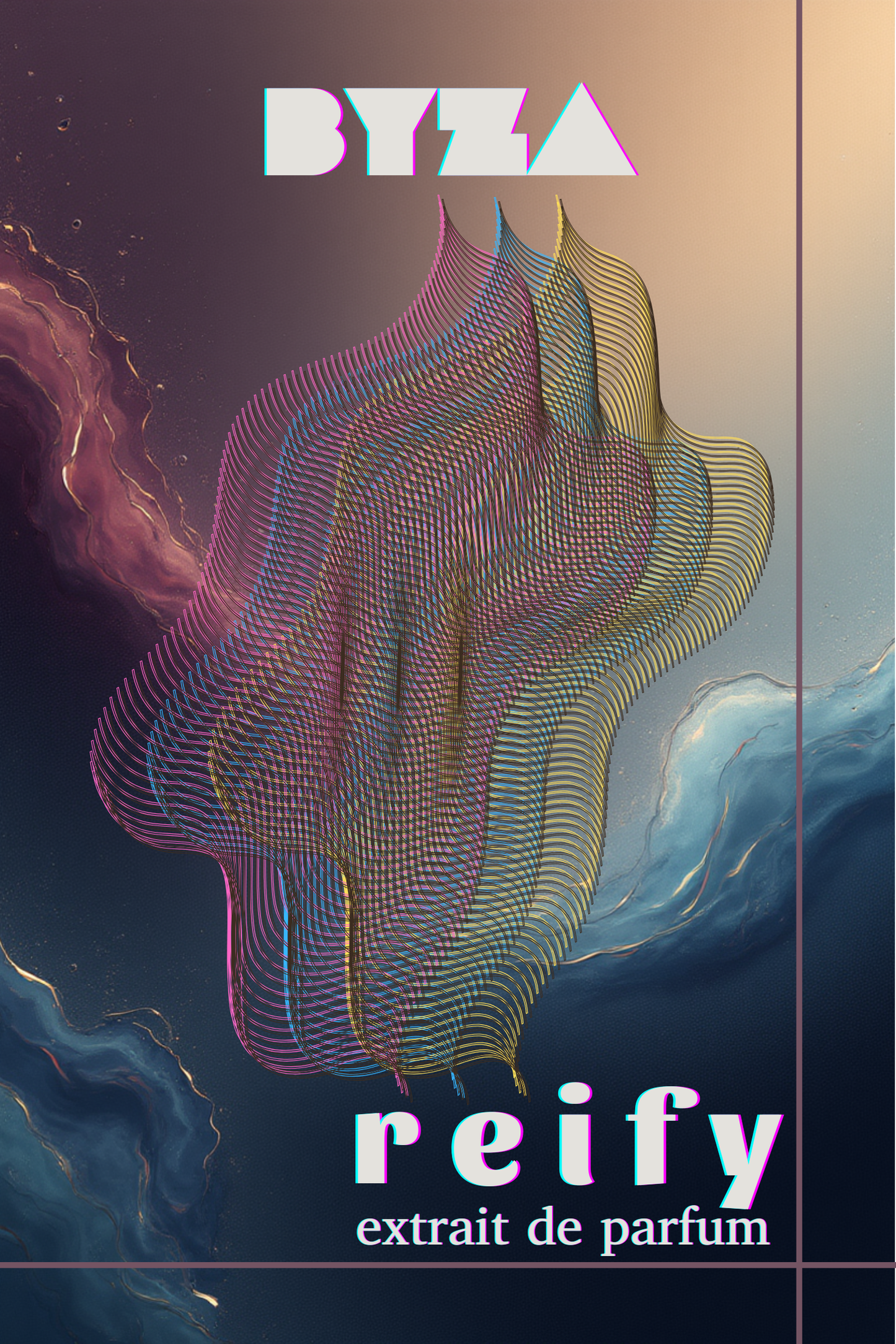 BYZA Reify perfume label, fragrance inspired by G&B Pacific Rock Flower