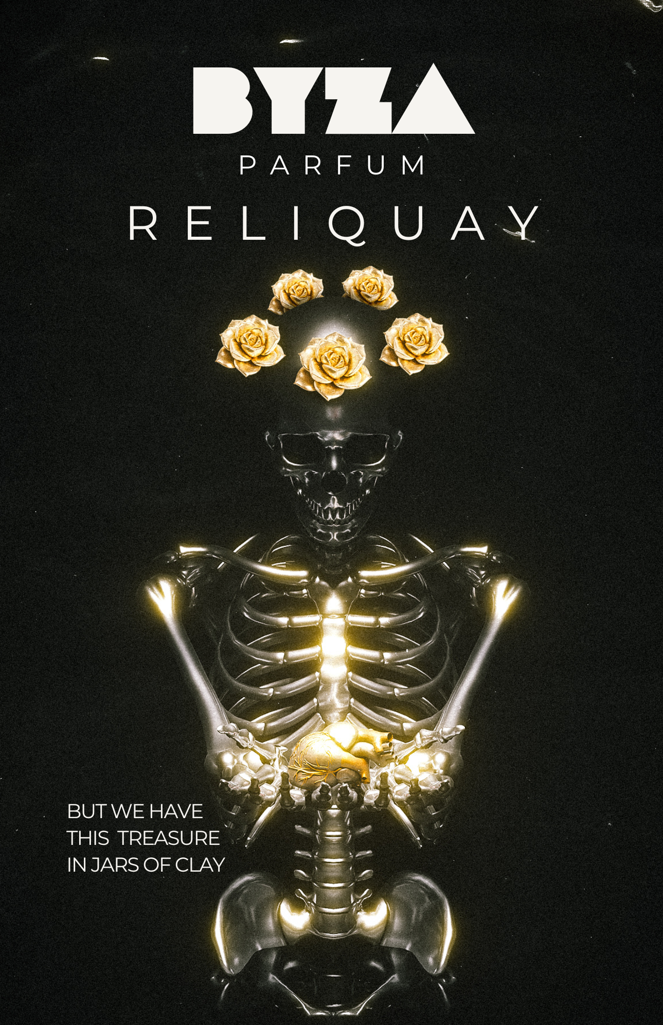 BYZA Reliquay perfume label, fragrance inspired by Amouage Guidance