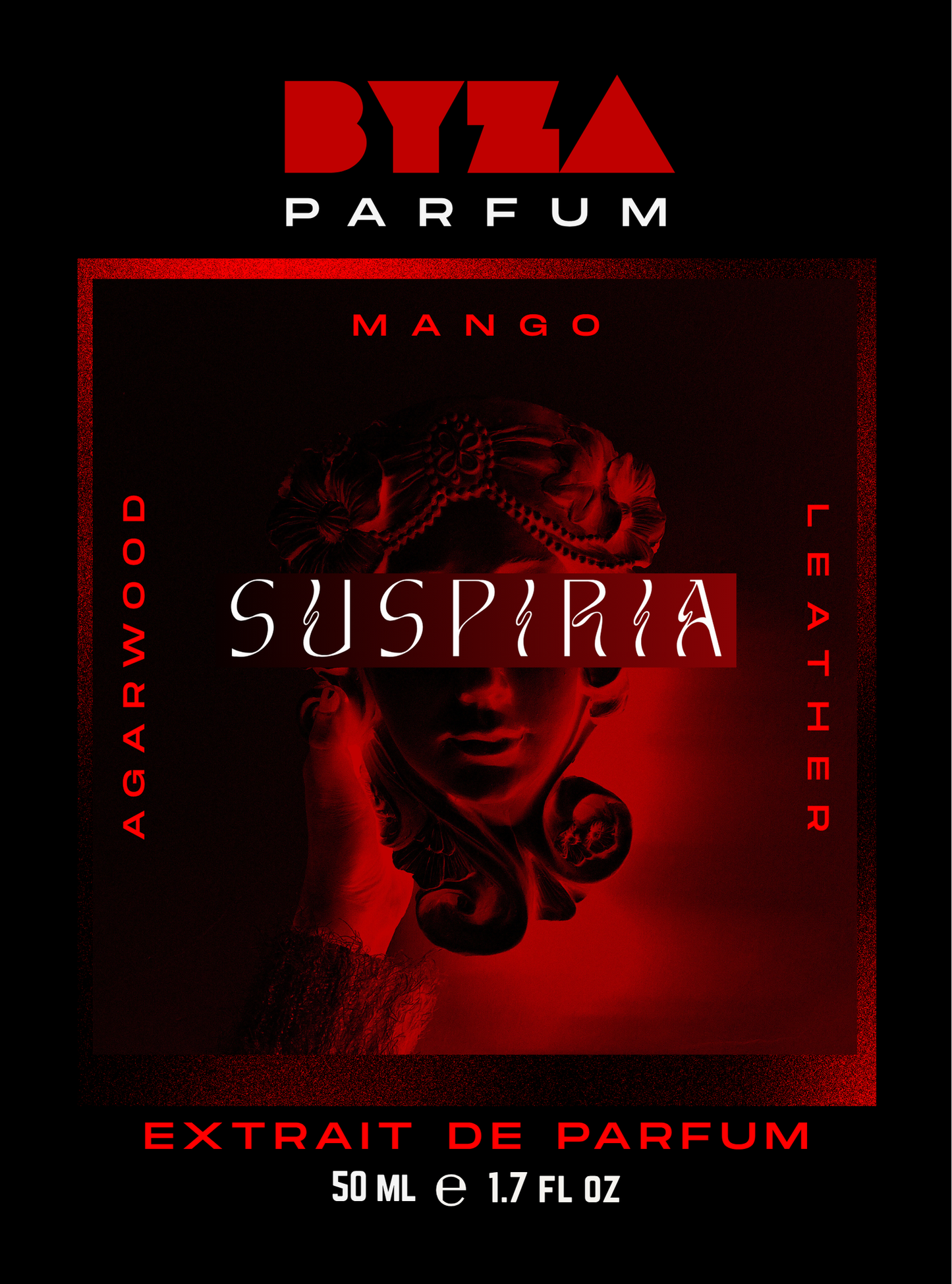 Byza Parfum Suspiria perfume bottle label with red and black design.