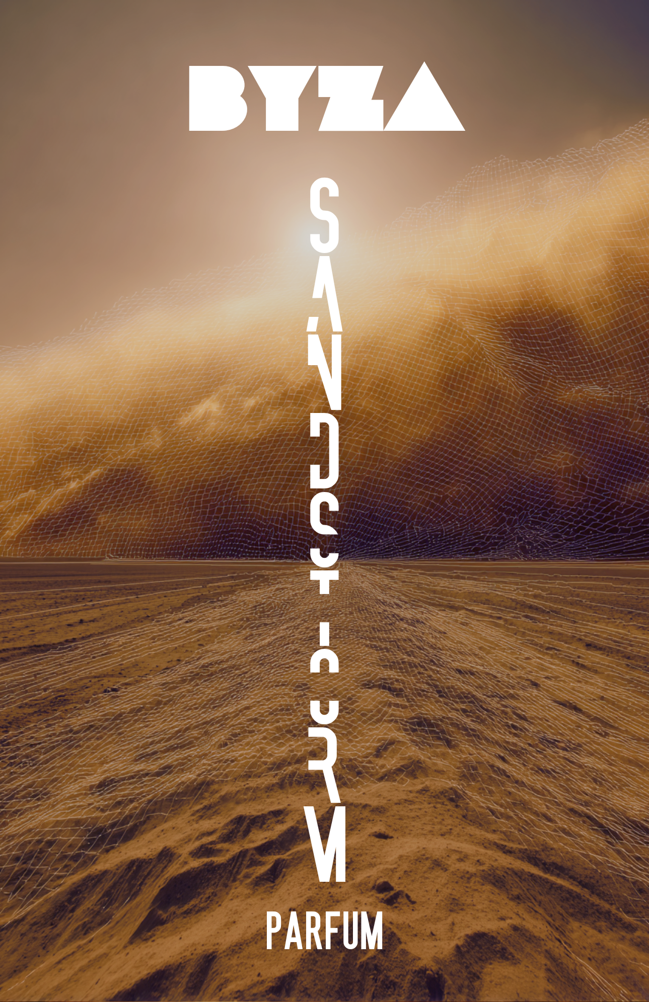 BYZA Sandstorm perfume label, fragrance inspired by Stephanie Humbert Lucas 777 Sand Dance