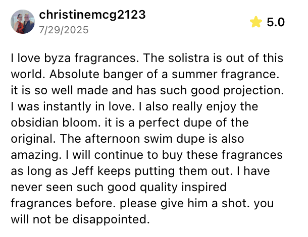 Product review for byza fragrances with a positive rating and text description.