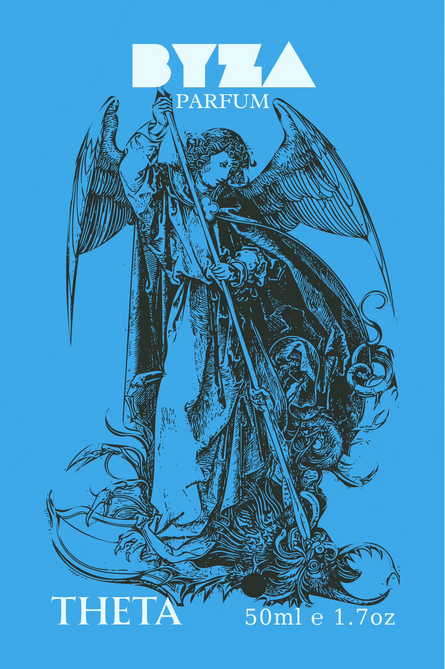 BYZA Theta perfume label, fragrance inspired by Rosendo Mateu No 5