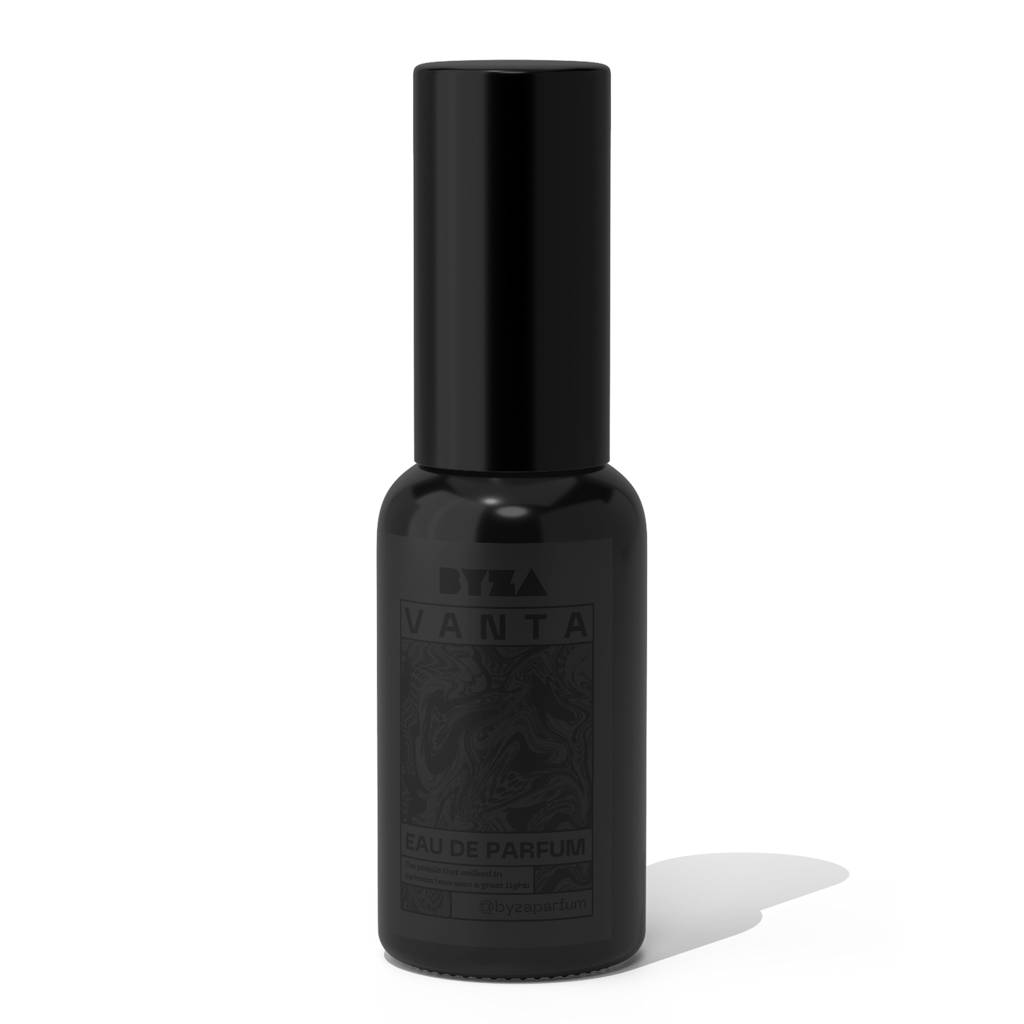 Black perfume bottle labeled 'Vanta' on a white background