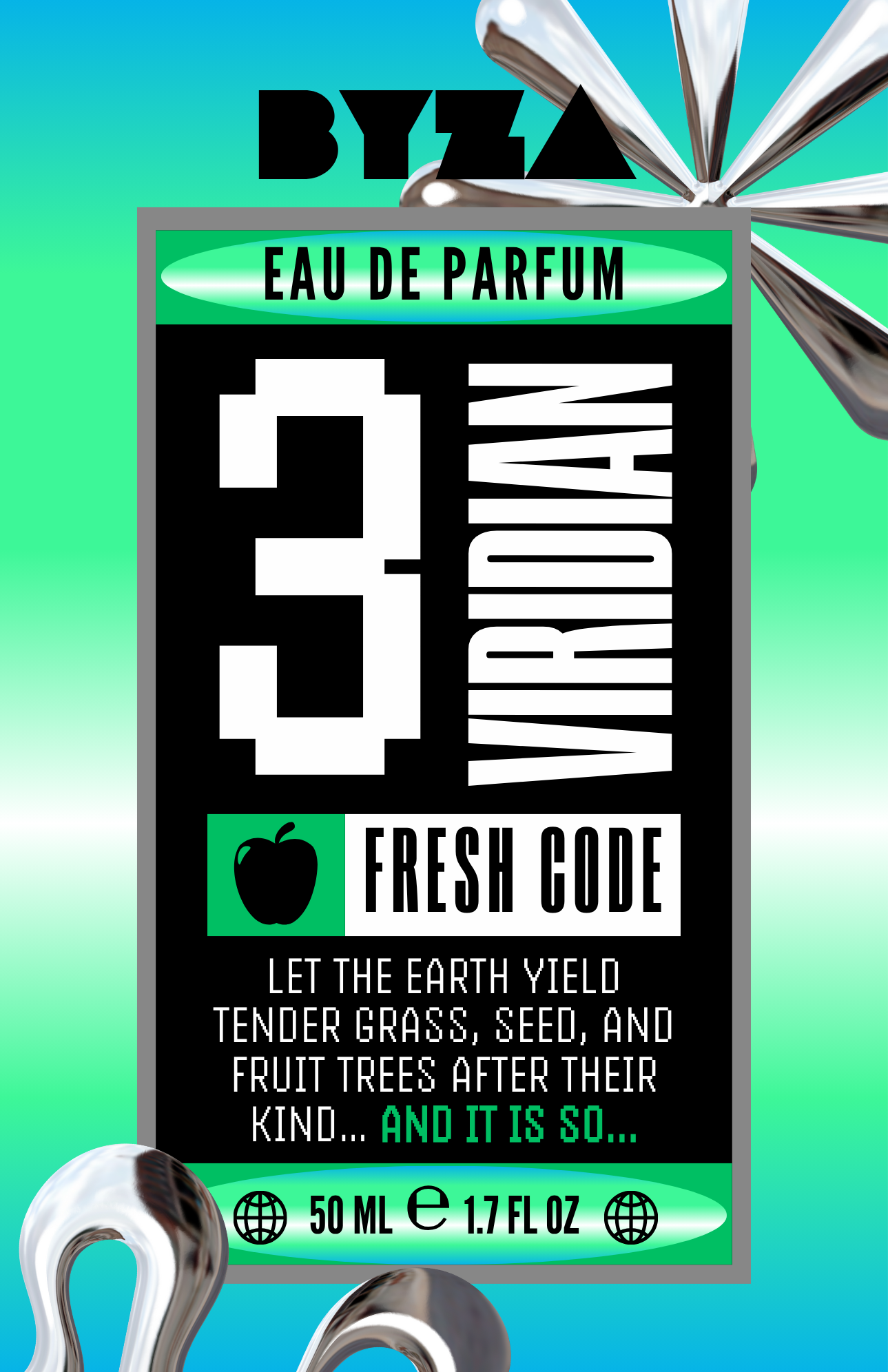BYZA Viridian perfume label, fragrance inspired by Parfums de Marly Greenley