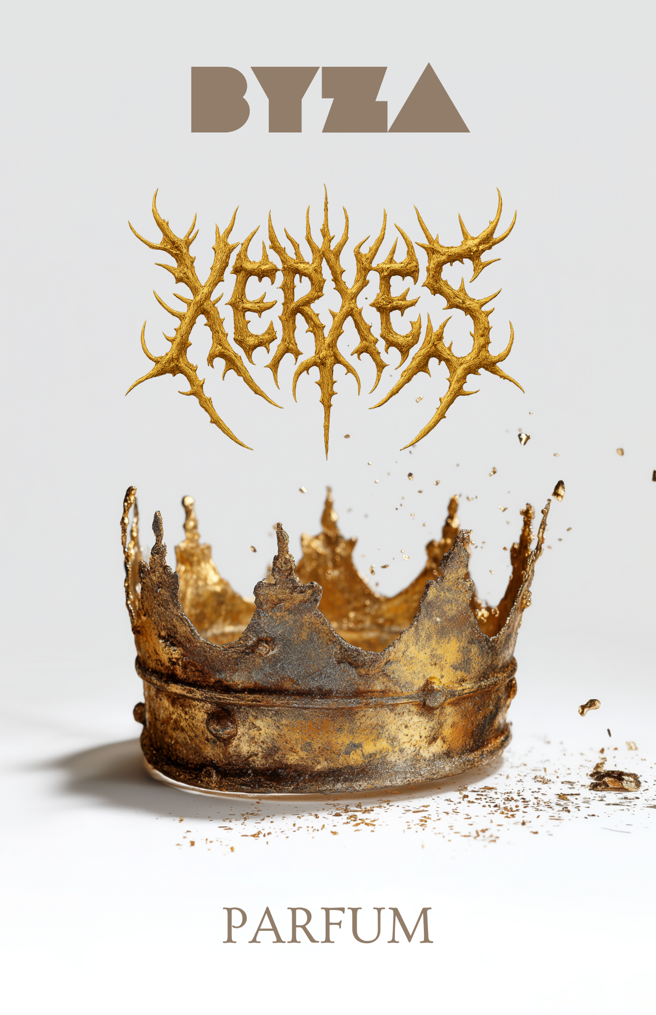 BYZA Xerxes perfume label, fragrance inspired by Argos Triumph Of Bacchus