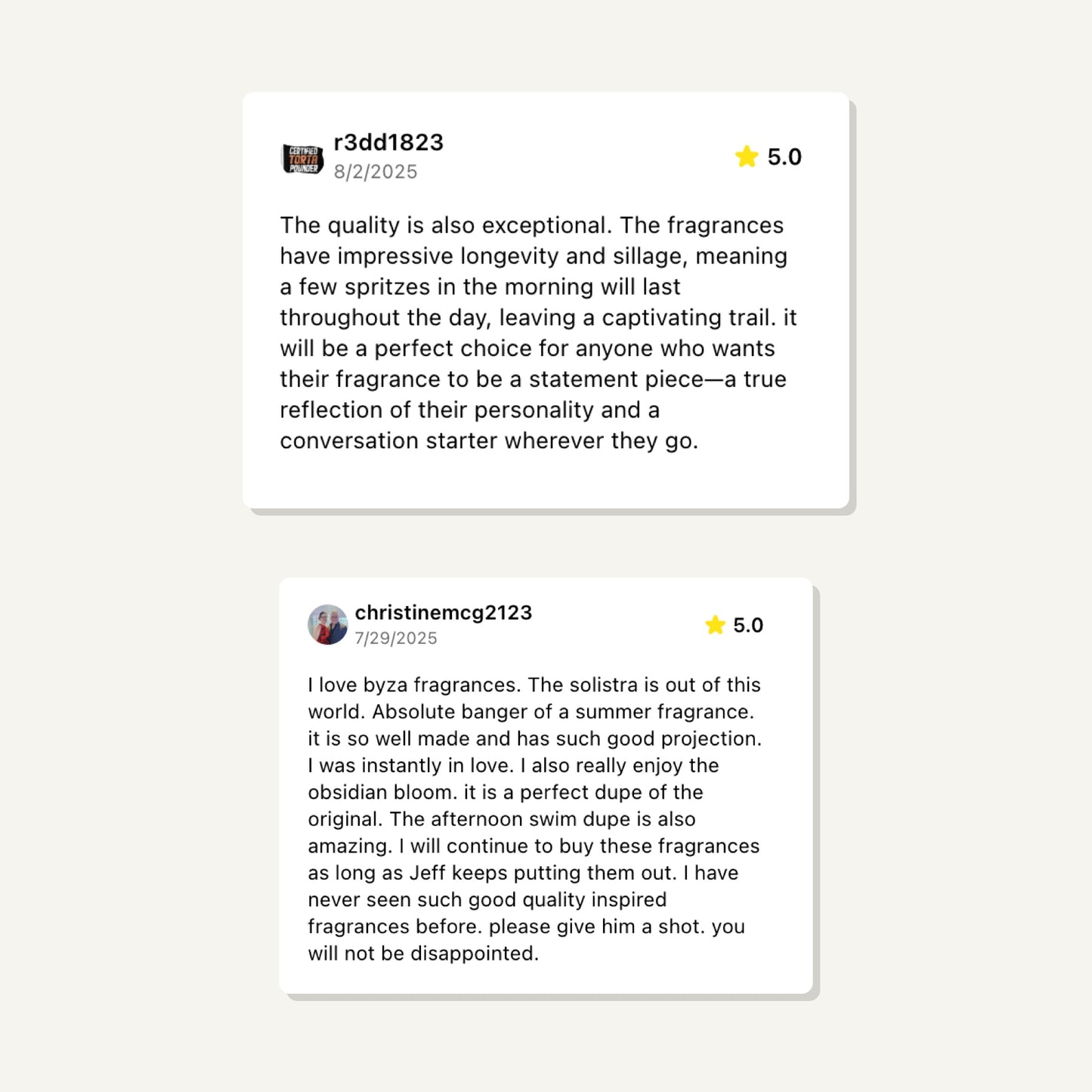 Two product reviews with star ratings on a light gray background