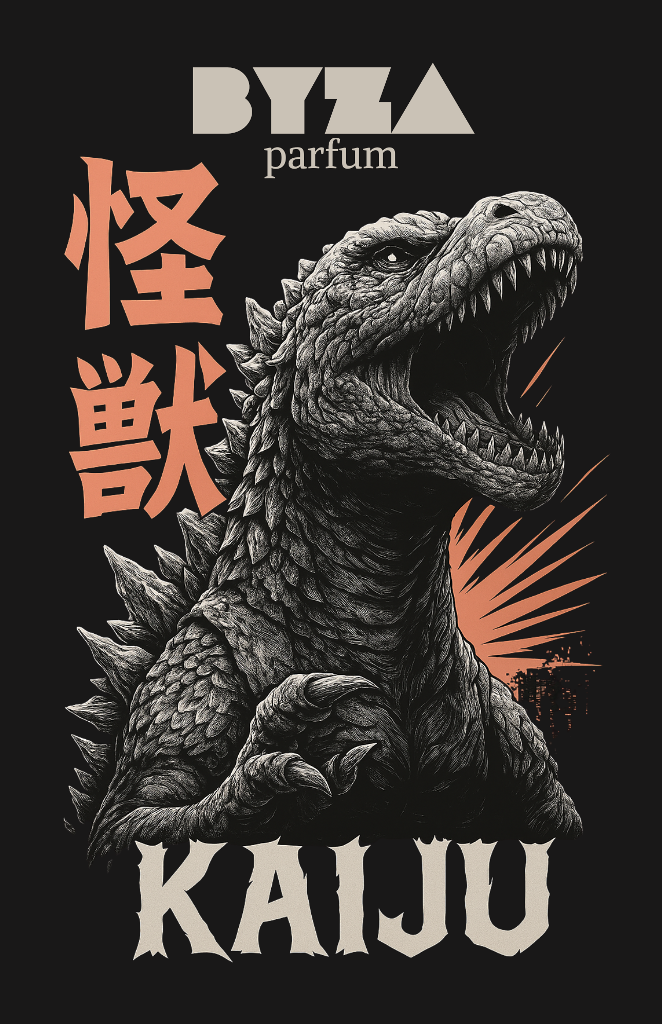 BYZA Kaiju perfume label, fragrance inspired by Xerjoff Mefisto