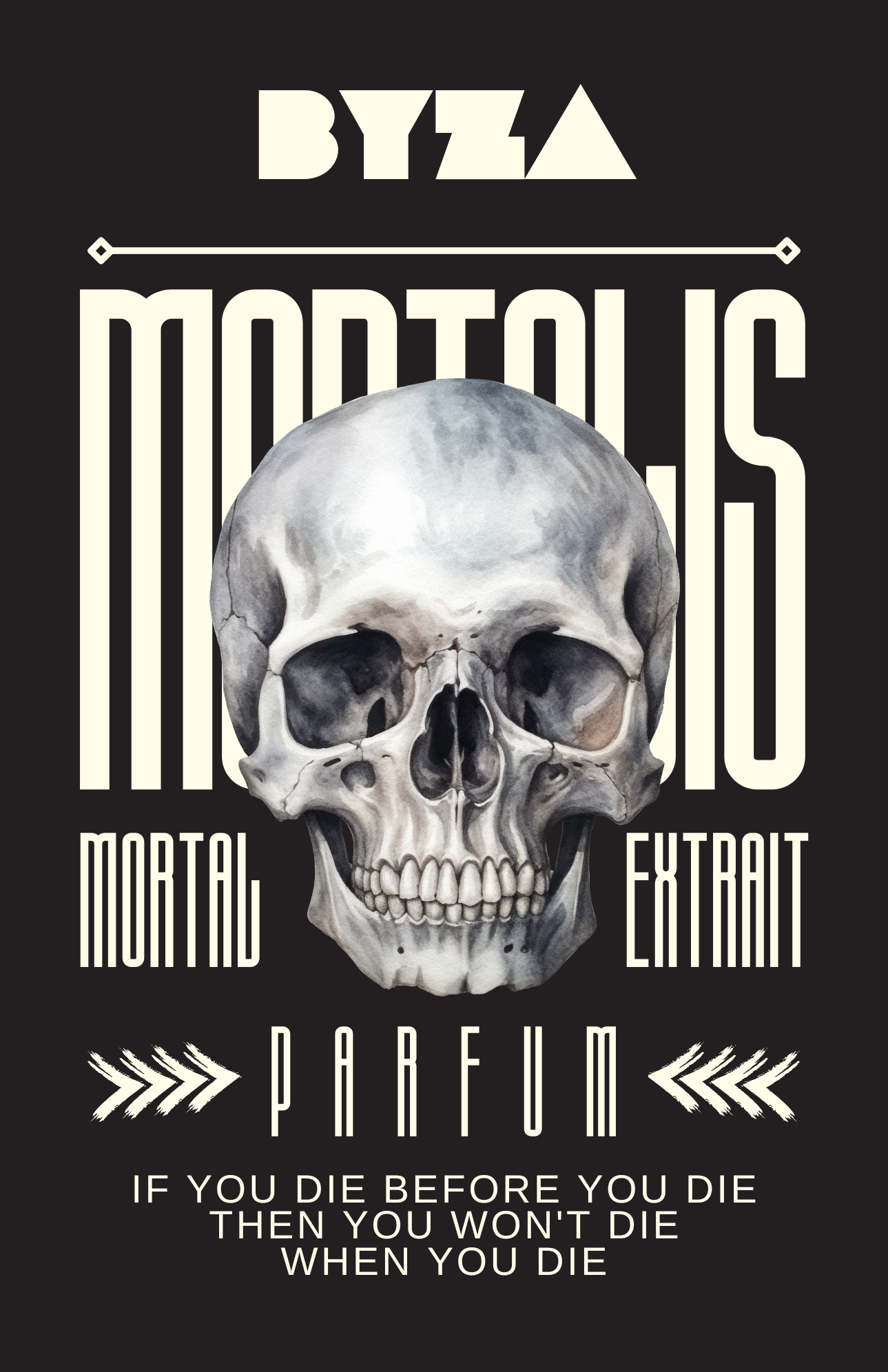 BYZA Mortalis perfume label, fragrance inspired by Penhaligon Halfeti
