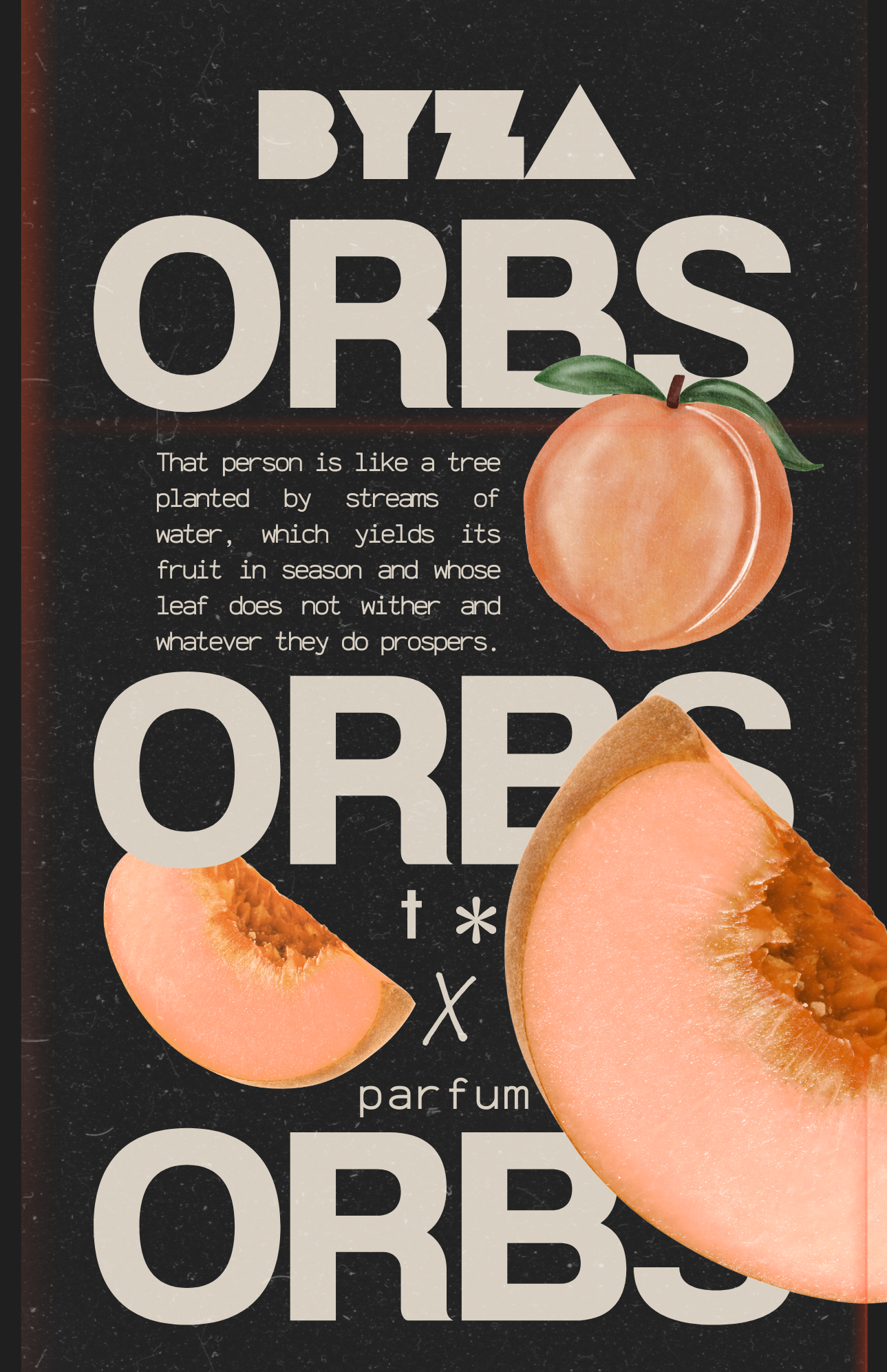 BYZA Orbs perfume label, fragrance inspired by Guerlain Peche Mirage