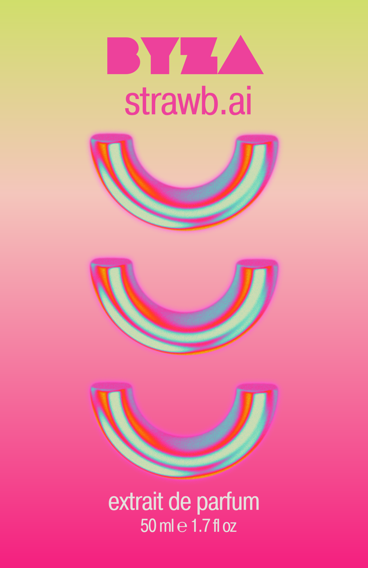 BYZA Strawb.AI perfume label, fragrance inspired by Phlur Strawberry Letter