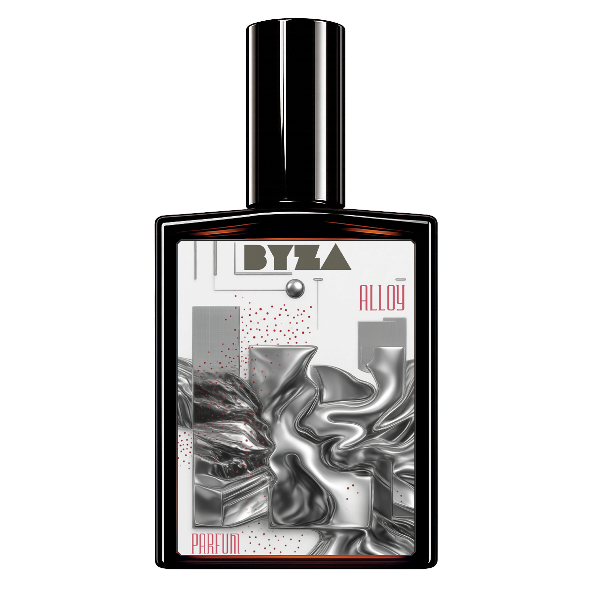 A rectangular perfume bottle with a glossy black cap and black frame, featuring a white label with metallic silver abstract artwork and the text 'BYZA Alloy Parfum'.