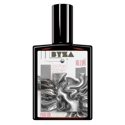A rectangular perfume bottle with a glossy black cap and black frame, featuring a white label with metallic silver abstract artwork and the text 'BYZA Alloy Parfum'.