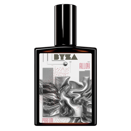A rectangular perfume bottle with a glossy black cap and black frame, featuring a white label with metallic silver abstract artwork and the text 'BYZA Alloy Parfum'.