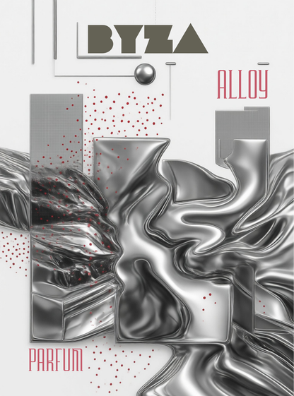 Abstract perfume packaging artwork for BYZA Alloy Parfum, featuring metallic silver 3D forms, red dotted accents, and a light gray background with the brand name at the top and 'PARFUM' at the bottom.