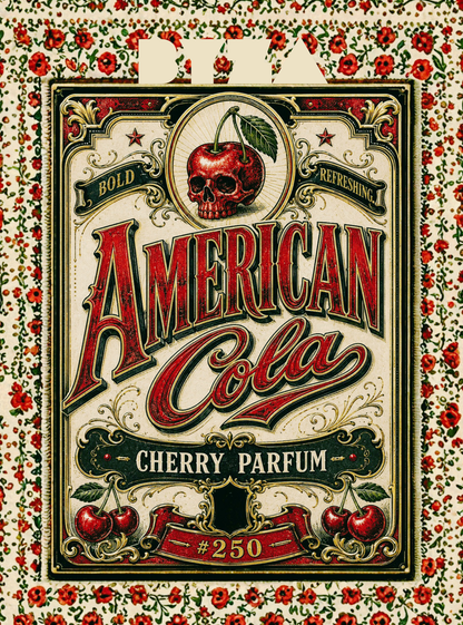 BYZA American Cola fragrance label artwork with cherry cola graphics for a warm spicy Mancera Tonka Cola-inspired parfum.