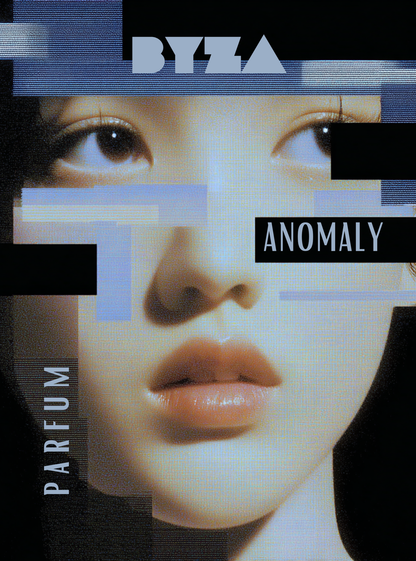 Advertisement for BYZA Parfum Anomaly with a close-up of a person's face.