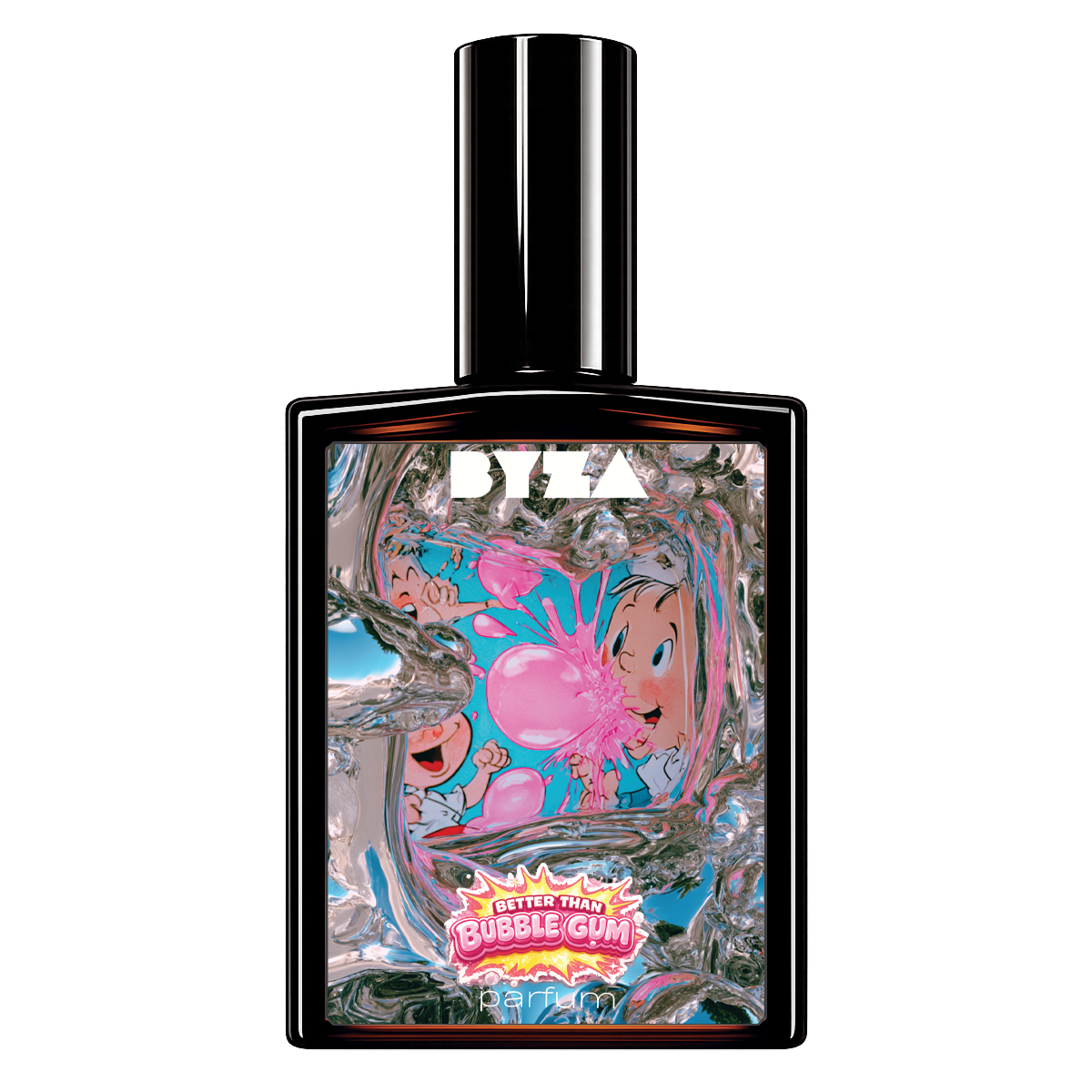 'Better Than Bubble Gum' perfume bottle with a black cap and a highly colorful, reflective, and abstract label featuring pink bubbles and cartoon-like characters.