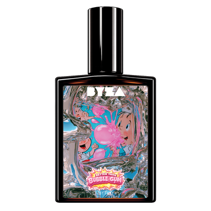 'Better Than Bubble Gum' perfume bottle with a black cap and a highly colorful, reflective, and abstract label featuring pink bubbles and cartoon-like characters.