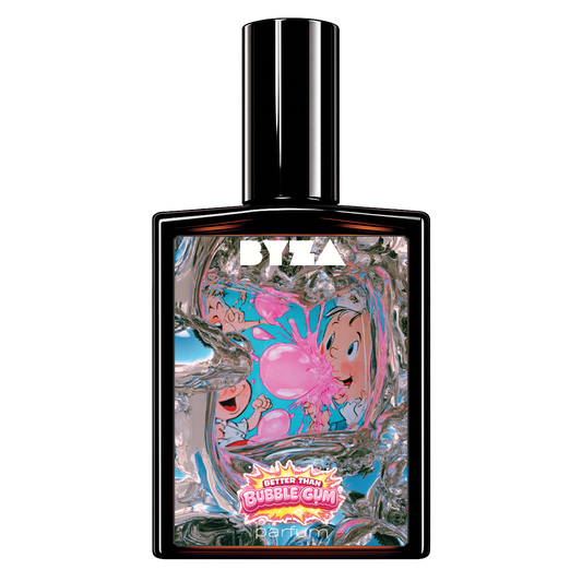 'Better Than Bubble Gum' perfume bottle with a black cap and a highly colorful, reflective, and abstract label featuring pink bubbles and cartoon-like characters.