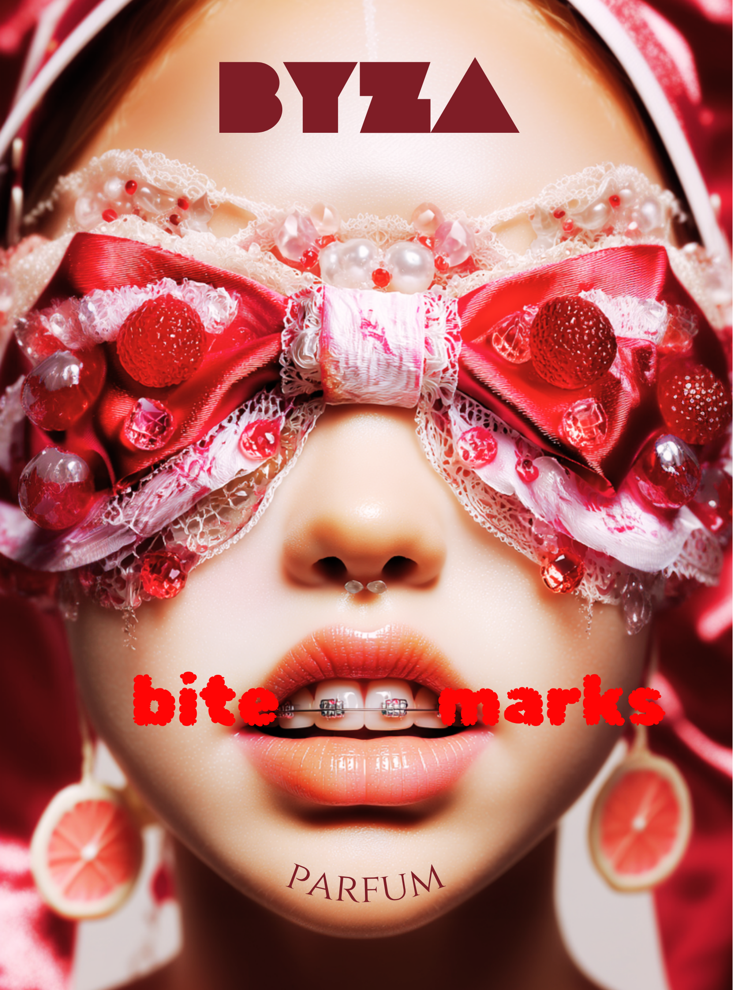 A close-up fashion editorial shot of a model wearing a highly decorative red and white eye mask with lace, pearls, and red beads, along with red earrings. The text 'BYZA' is at the top, 'bite marks' across the mouth, and 'PARFUM' at the bottom.