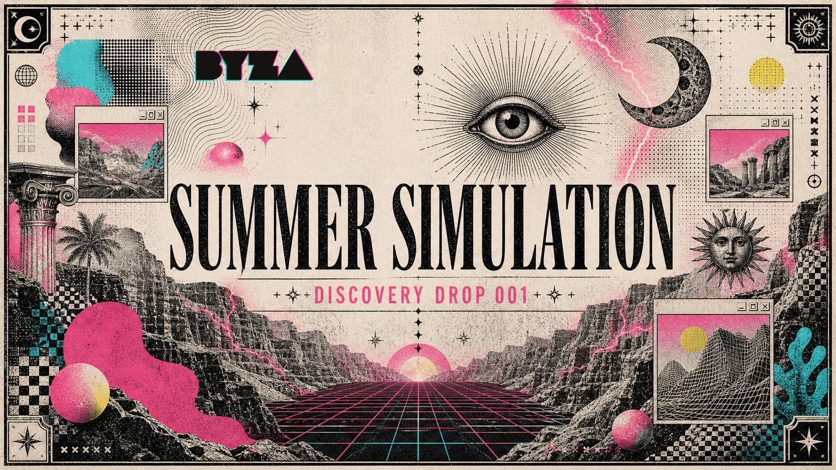 Artistic cover with 'BYZA Summer Simulation' text and eye design, featuring a retro-futuristic landscape.