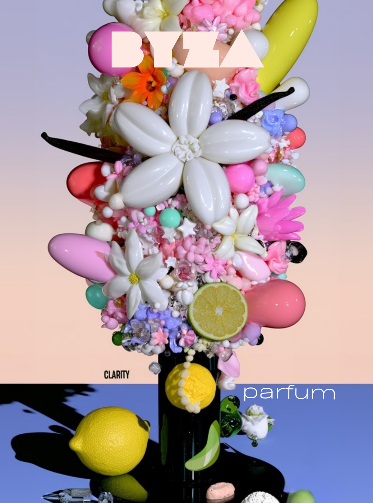 A perfume bottle filled with a dense, colorful floral and fruit sculpture, featuring white balloon flowers, pink and yellow elements, and a lime slice, with the text 'BYZA' and 'parfum' on a split pastel background.