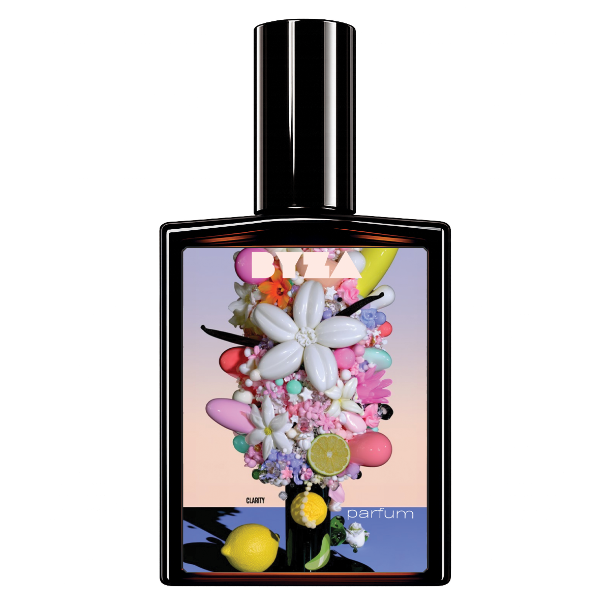 A perfume bottle with a glossy black glass body and a tall cylindrical cap, featuring a colorful floral and fruit-themed label. The label includes a large white flower, pink and purple blossoms, lemons, limes, macarons, and the text 'DIZZY' and 'parfum'.
