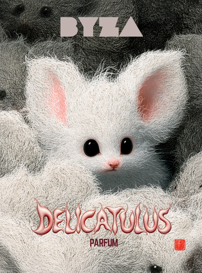 A stylized perfume label or packaging artwork featuring a fluffy white rabbit or bunny face with large black eyes, pink inner ears, and a small pink nose, surrounded by soft gray textured fur. The text 'BYZA' appears at the top, 'DELICATULUS' in large pink gothic lettering across the middle, and 'PARFUM' below.