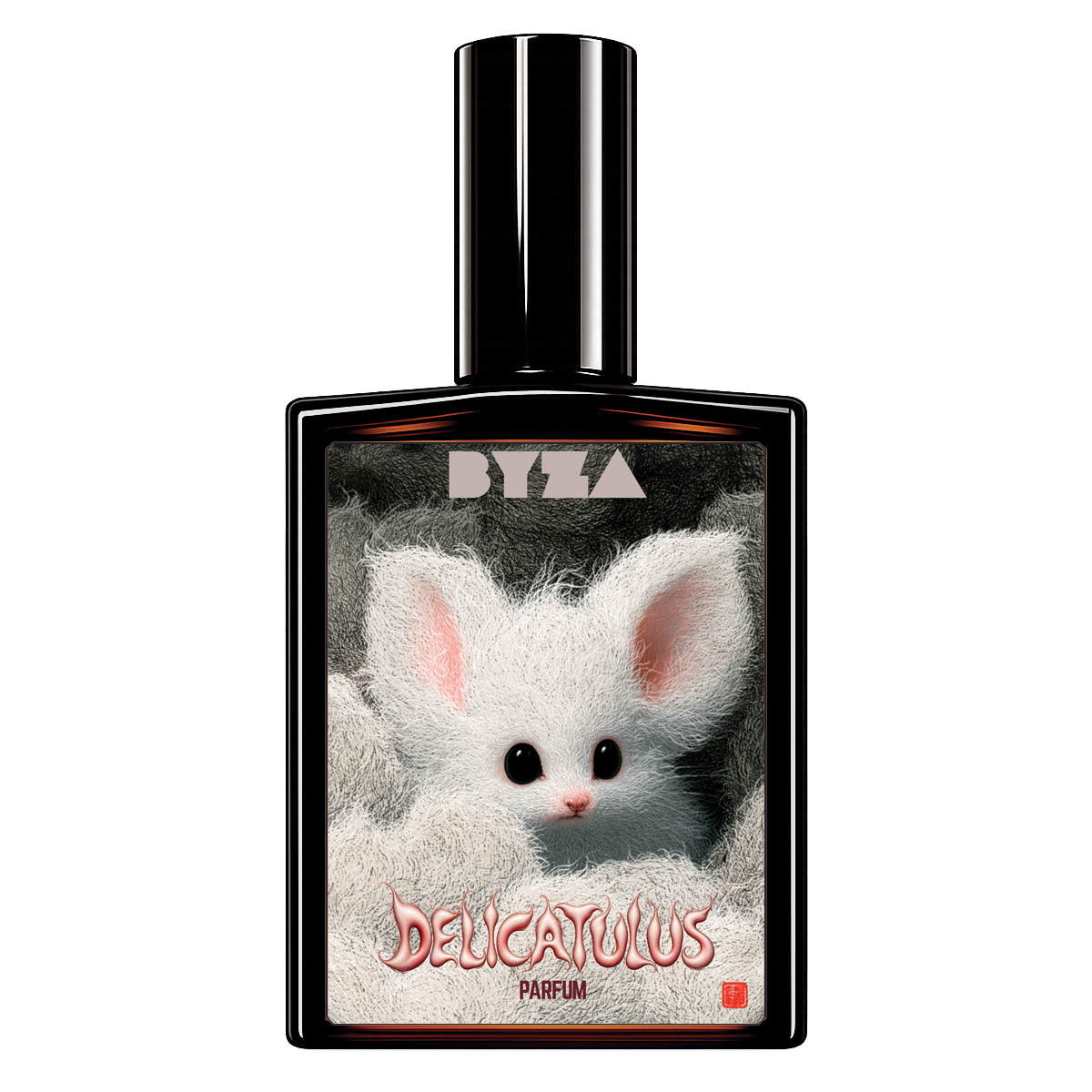 A perfume bottle with a black cap and black frame, featuring a label of a fluffy white rabbit with pink ears. The text 'BYZA' is at the top and 'DELCATULUS PARFUM' is at the bottom.