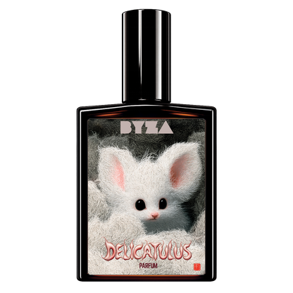 A perfume bottle with a black cap and black frame, featuring a label of a fluffy white rabbit with pink ears. The text 'BYZA' is at the top and 'DELCATULUS PARFUM' is at the bottom.