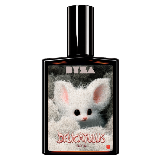 A perfume bottle with a black cap and black frame, featuring a label of a fluffy white rabbit with pink ears. The text 'BYZA' is at the top and 'DELCATULUS PARFUM' is at the bottom.