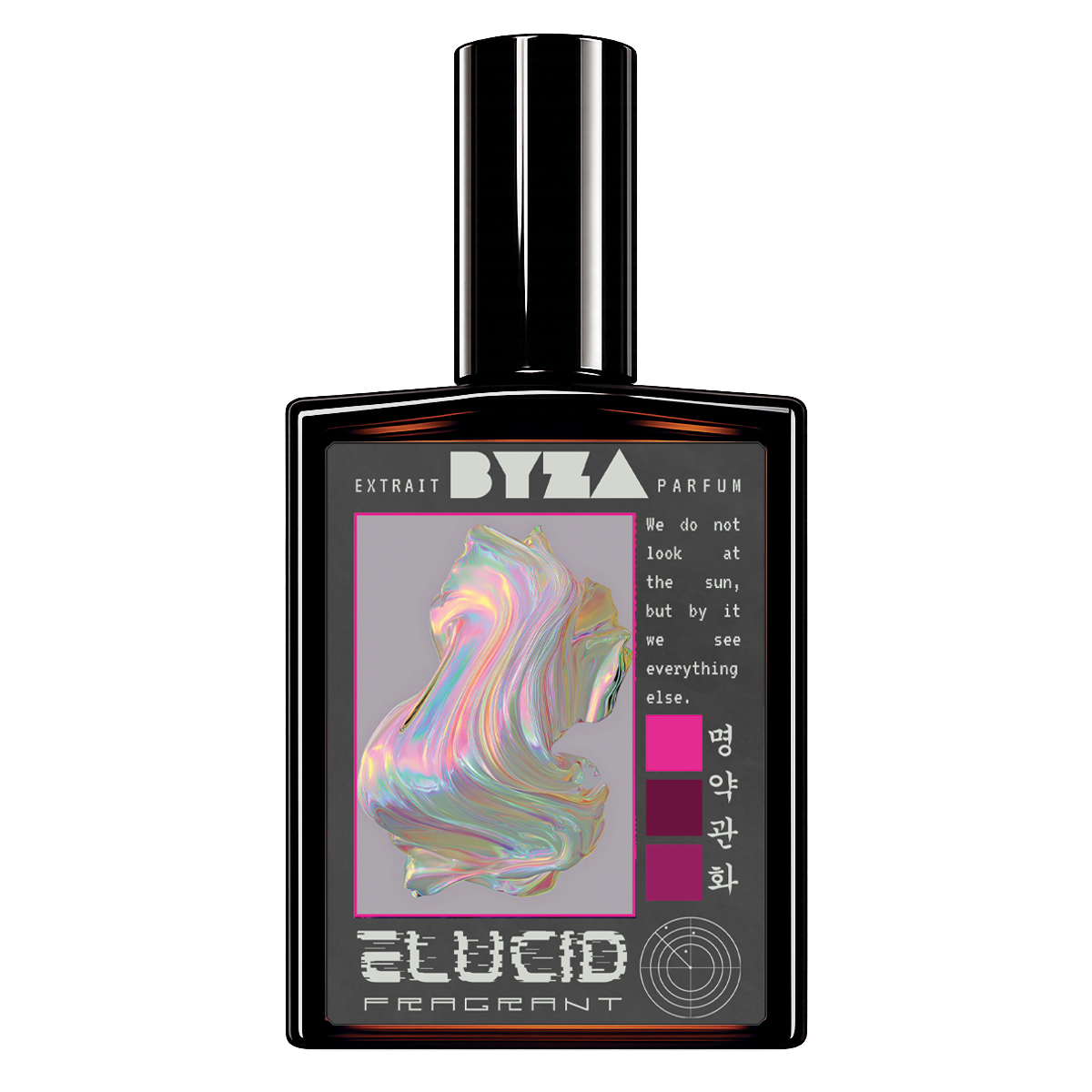 A rectangular black perfume bottle with a glossy finish and a matching black cap, featuring a gray label with an iridescent abstract design and the text 'ELUCID PARFUM' and 'BYZA'.
