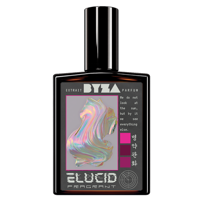 A rectangular black perfume bottle with a glossy finish and a matching black cap, featuring a gray label with an iridescent abstract design and the text 'ELUCID PARFUM' and 'BYZA'.