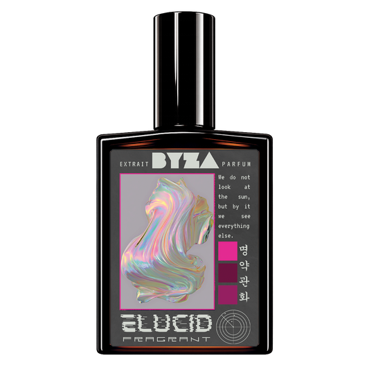 A rectangular black perfume bottle with a glossy finish and a matching black cap, featuring a gray label with an iridescent abstract design and the text 'ELUCID PARFUM' and 'BYZA'.
