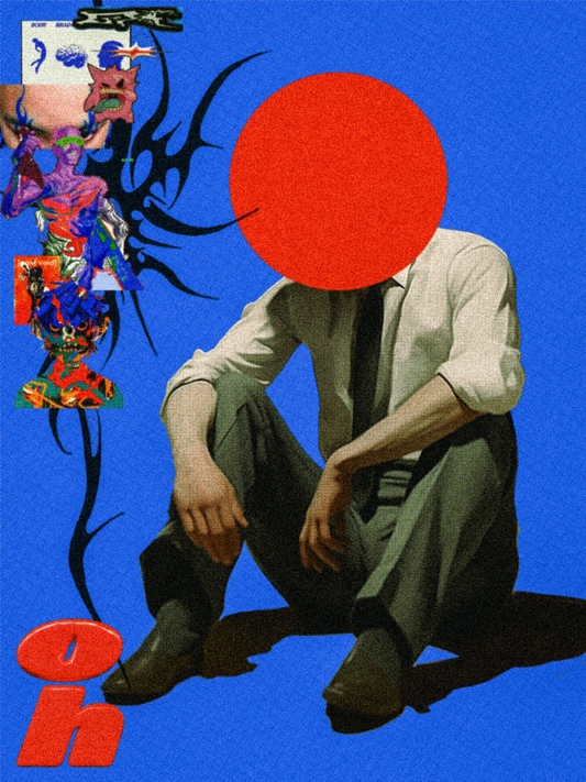 Surreal poster art of a seated faceless figure in a suit with a red circle head on a blue background and abstract graphics