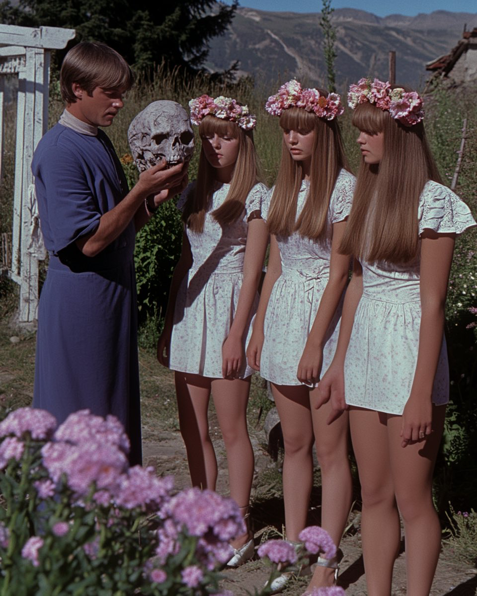 Person holding a skull with three women in matching dresses and flower crowns in a garden setting.