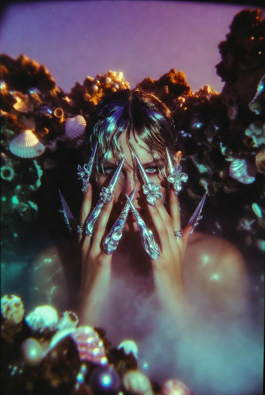 Person with metallic makeup and accessories in an underwater setting with coral and shells.