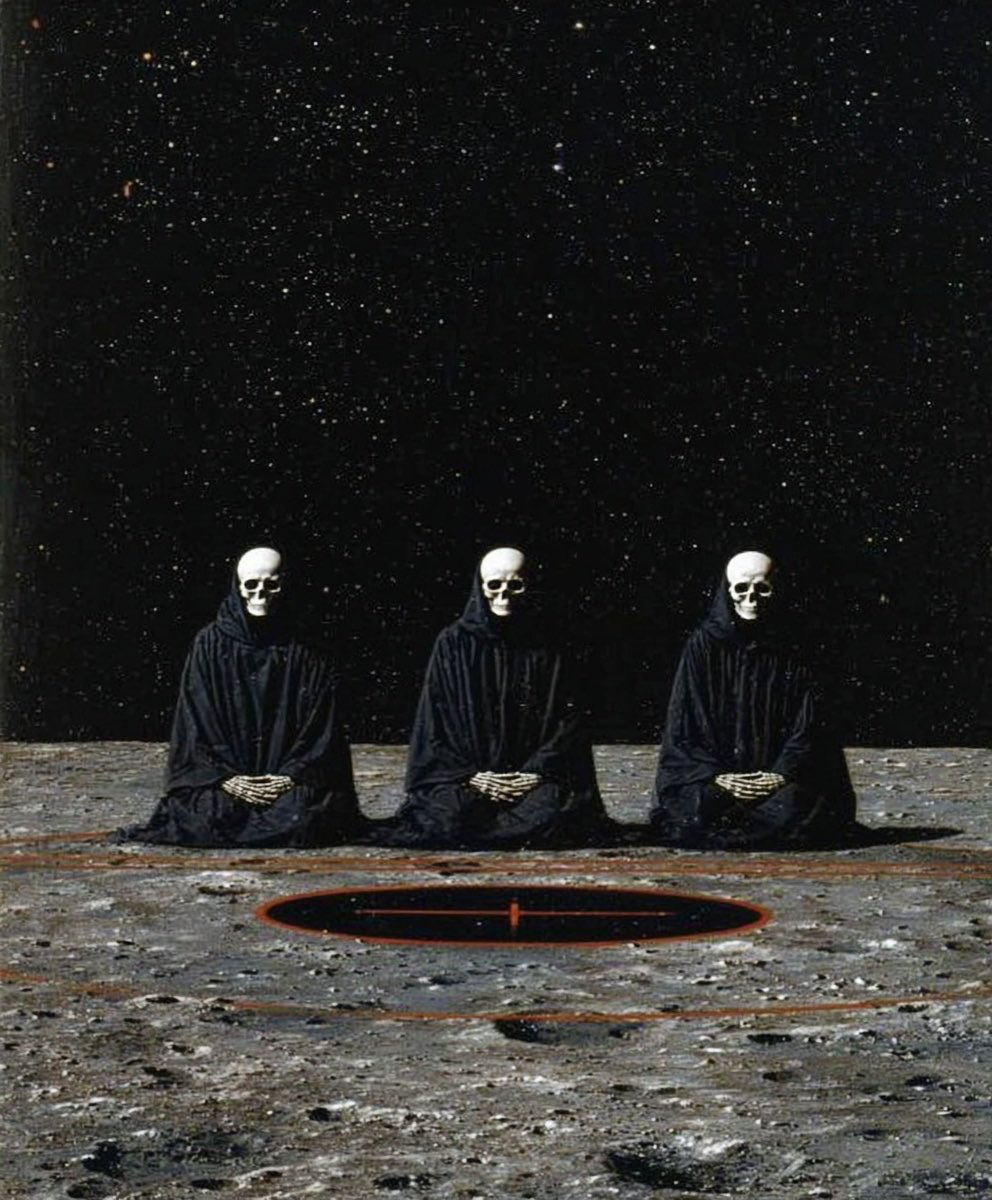 Three skull-faced figures in dark cloaks sitting on a moon-like surface under a starry black sky
