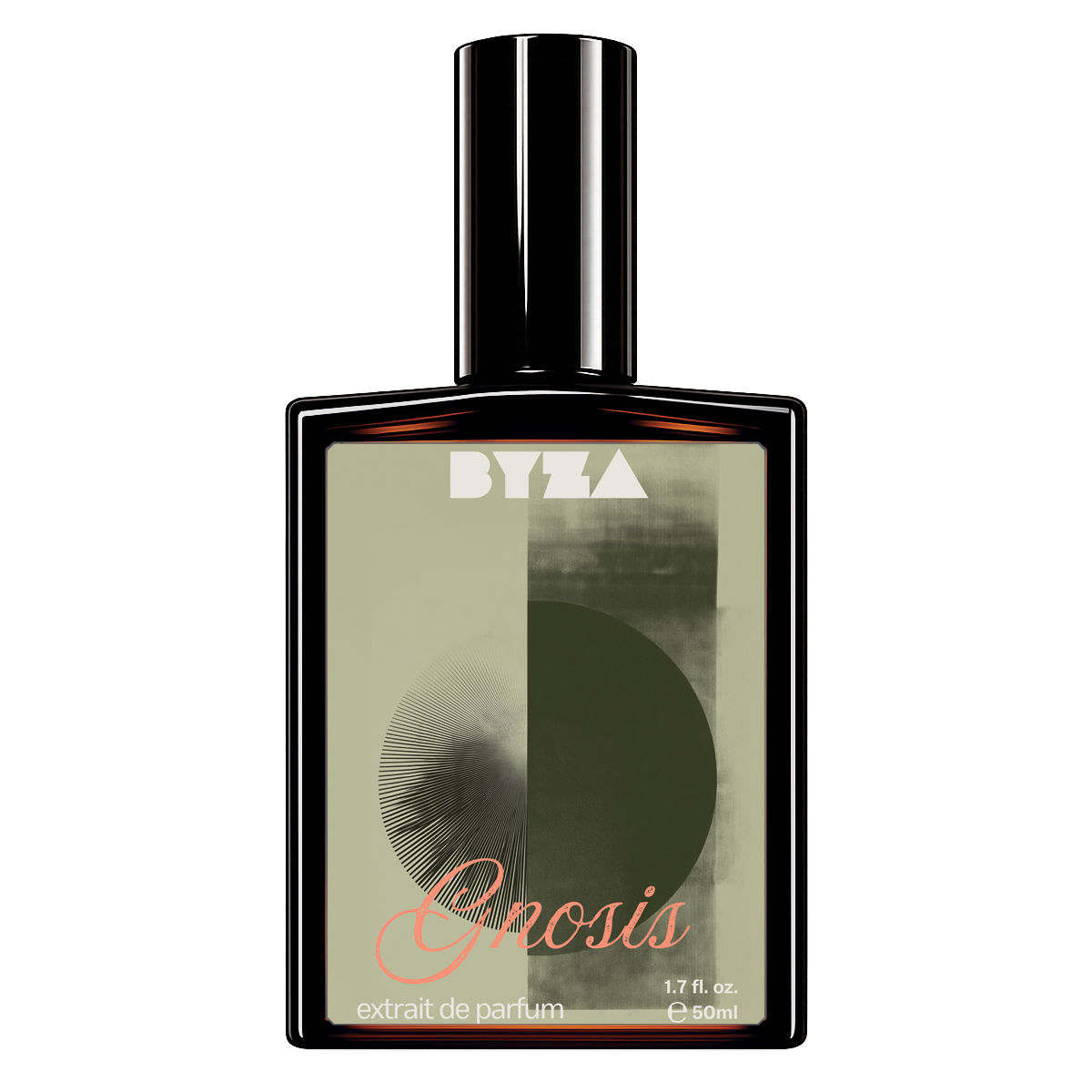 A bottle of BYZA Snosis extrait de parfum with a black glass body and cap, featuring a label with a beige and dark green abstract design and coral script text.